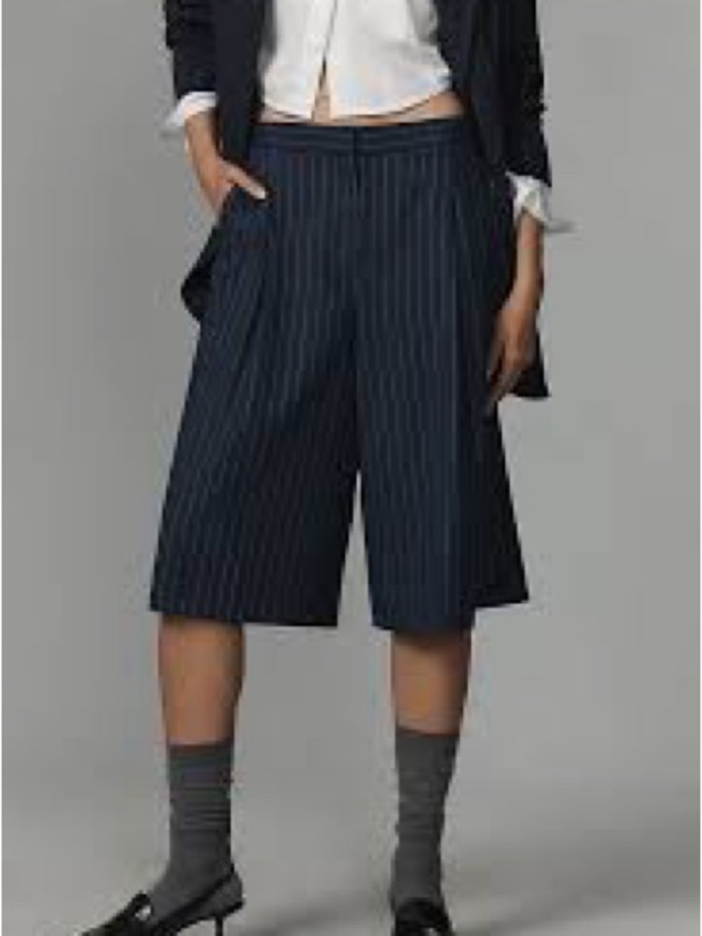 Anthropologie Navy Pinstripe Women's Flat-Front Shorts